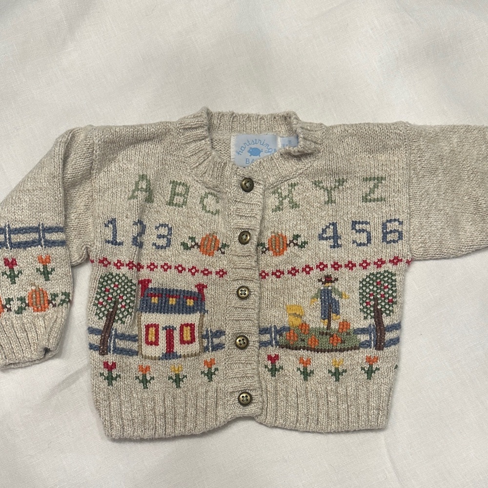Vintage Hartstrings Cross-stitch Sweater with Farm Design